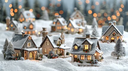 Charming snow-covered village with glowing cottages and festive decorations during winter holiday...