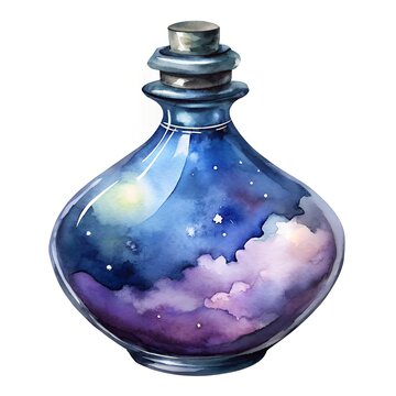 recommend clip art: Enchanting Celestial Potion Bottle with Starry Night Sky Watercolor Illustration