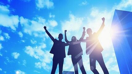 成功しているビジネスパーソンたちのシルエット、青空1