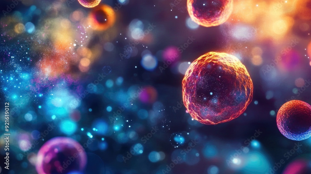 Poster glowing cells and molecular structures with colorful lights, with a blank space for text