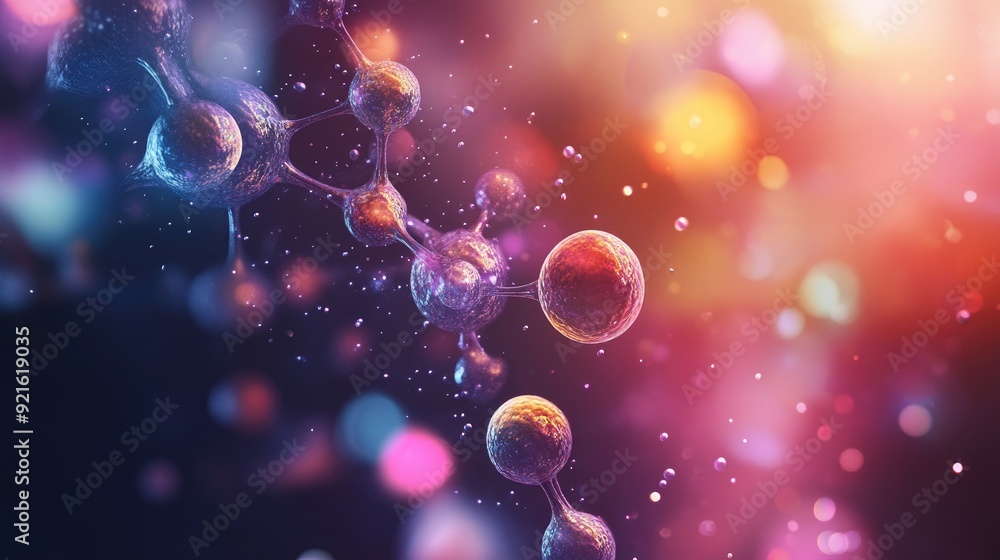 Poster glowing cells and molecular structures with colorful lights, with a blank space for text