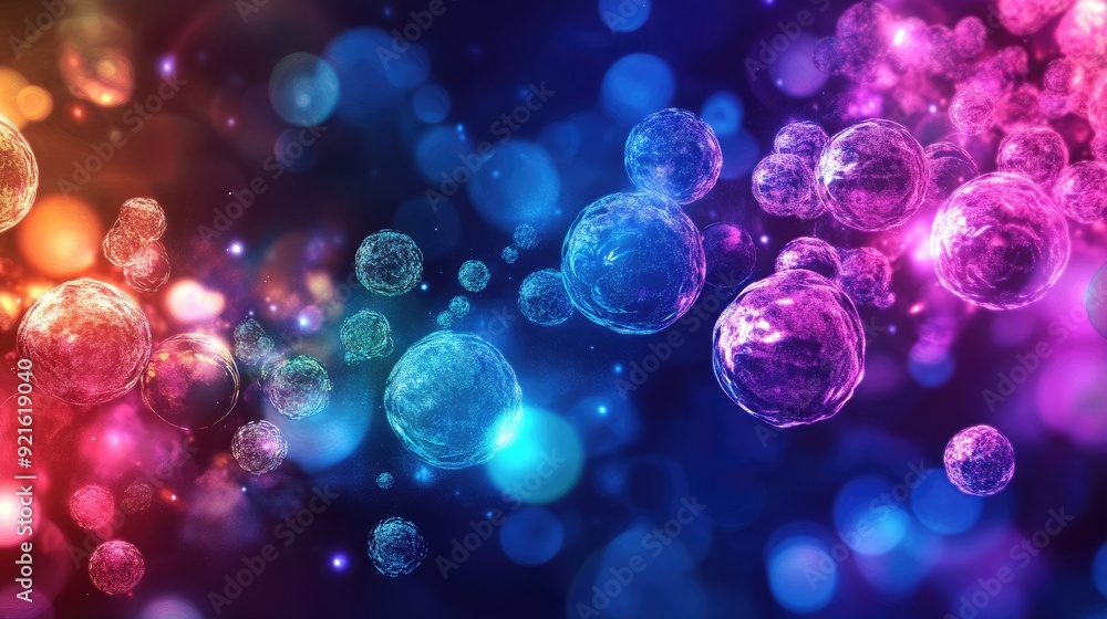 Poster glowing cells and molecular structures with colorful lights, with a blank space for text