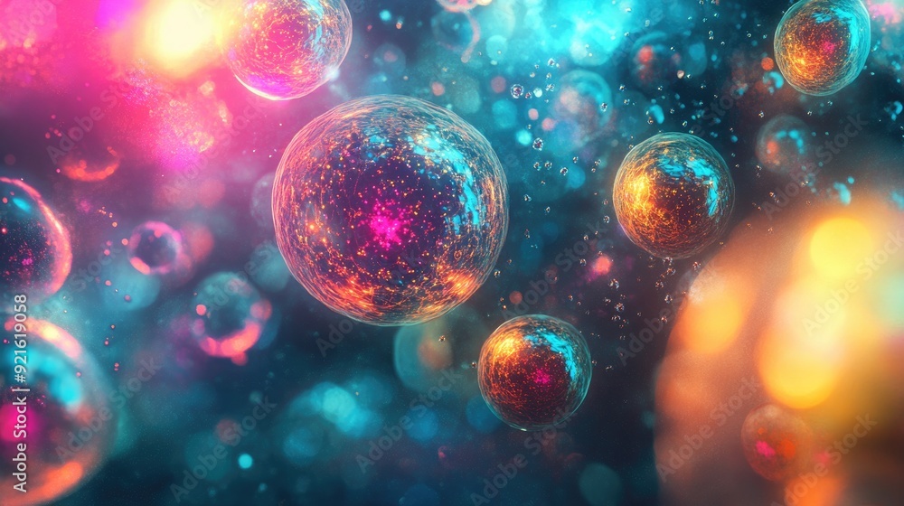 Poster glowing cells and molecular structures with colorful lights, with a blank space for text