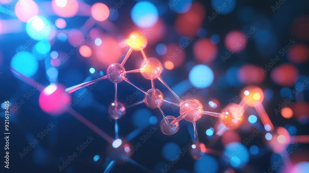Poster illuminated molecular diagrams with bright light patterns, with room for custom text