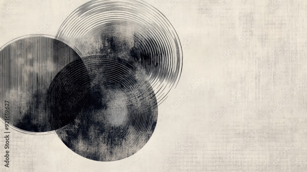 Fototapete minimalist abstract line art of overlapping circles, set against a textured background that allows f