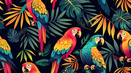 Obraz premium Colorful parrots perched on tropical leaves against a dark background.