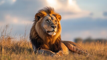 Majestic Lion Resting in Golden Grass at Sunset