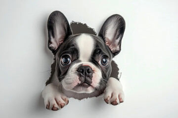 Fototapeta premium a cute French Bulldog Peeking Through Torn Paper