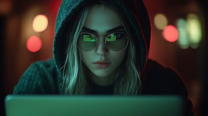 Woman wearing a hoodie and sunglasses with a computer screen reflected in her glasses, working at a desk, close up.