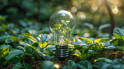 A light bulb grows on a bed of green leaves in a sunlit forest, highlighting the contrast between technology and nature