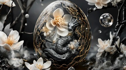 Naklejka premium Inside the glass egg is a gray dragon with a soft gray skin texture