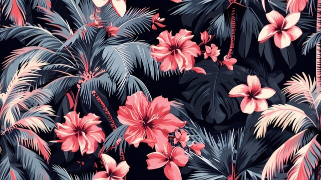 Seamless tropical pattern with pink hibiscus and frangipani flowers, palm leaves, and monstera on a dark background.