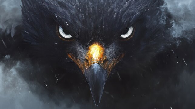 close-up of a black eagle with sharp eyes covered in smoke