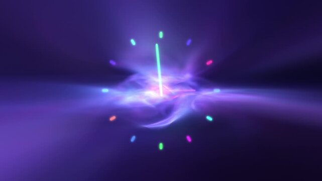 Loop colorful analog time clock animation on a space colored nebula light background.
