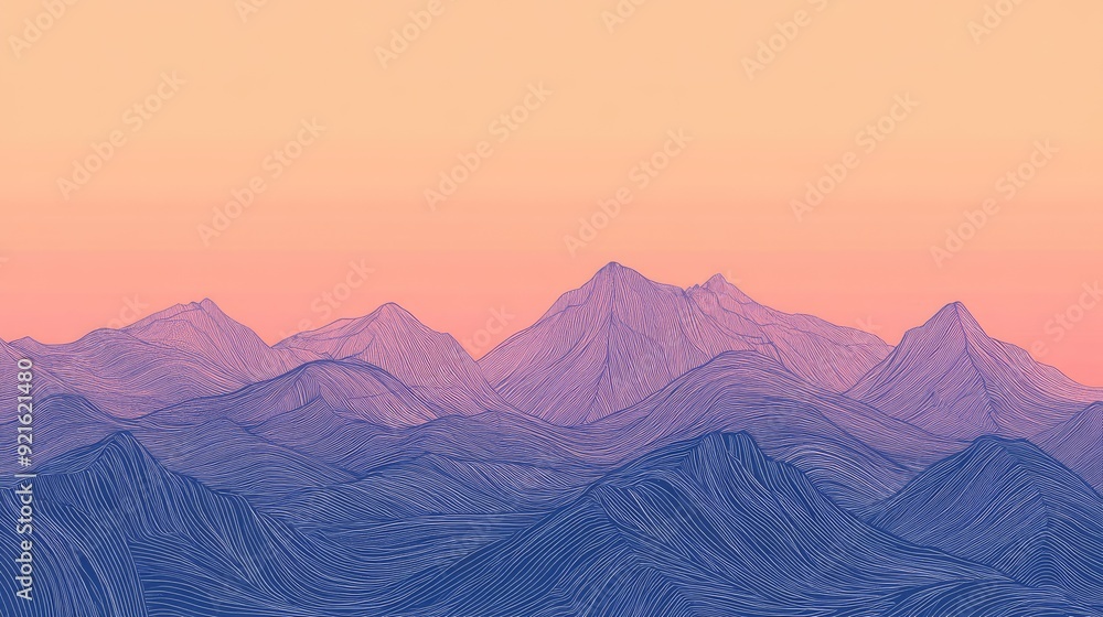Fototapete minimalist abstract line drawing of a mountain range, against a gradient background for text inserti