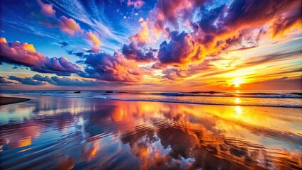 Beautiful sunset on the beach with colorful sky reflecting on the water, sunset, beach, ocean, colorful, evening, sky
