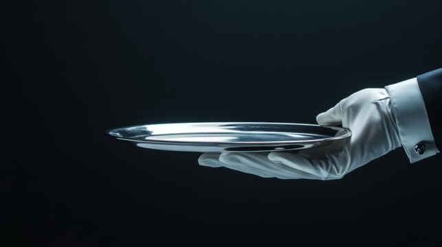 A gloved hand gracefully holds a polished silver tray against a dark, minimalist background, evoking elegance and professionalism.
