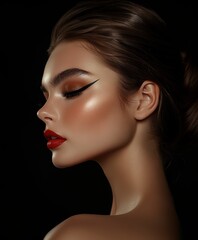 Fototapeta premium A striking portrait of a woman with bold makeup and glossy red lips, highlighting her eyeliner and glowing skin against a dark background.