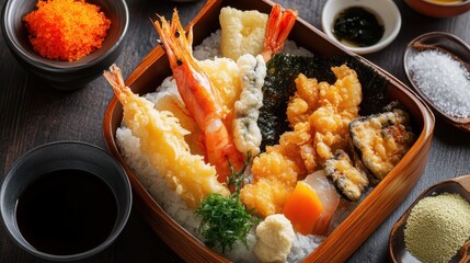 A beautifully arranged Japanese bento box filled with an assortment of tempura, sushi, and fresh garnishes, displayed on a wooden table.