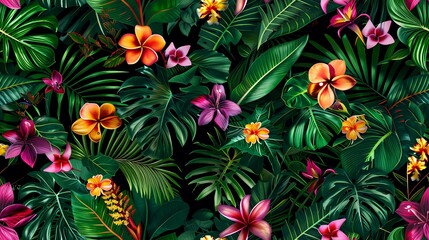 Lush tropical foliage and vibrant flowers create a vibrant and exotic seamless pattern.