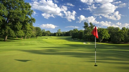 Golf course, green and a red flag on the center golf hole.