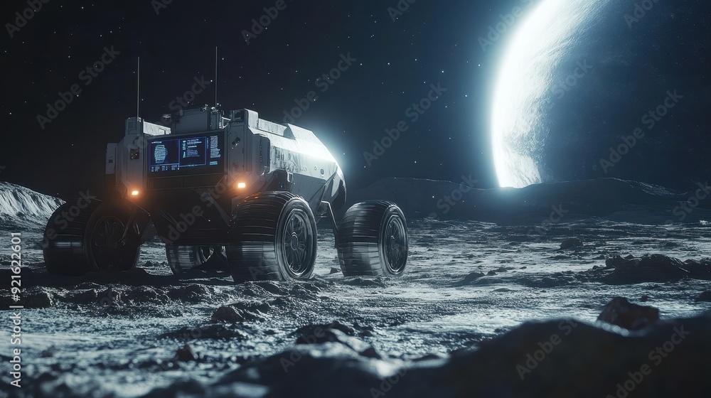 Poster exploration rover on a distant planet, with data streams and holographic displays, symbolizing the r