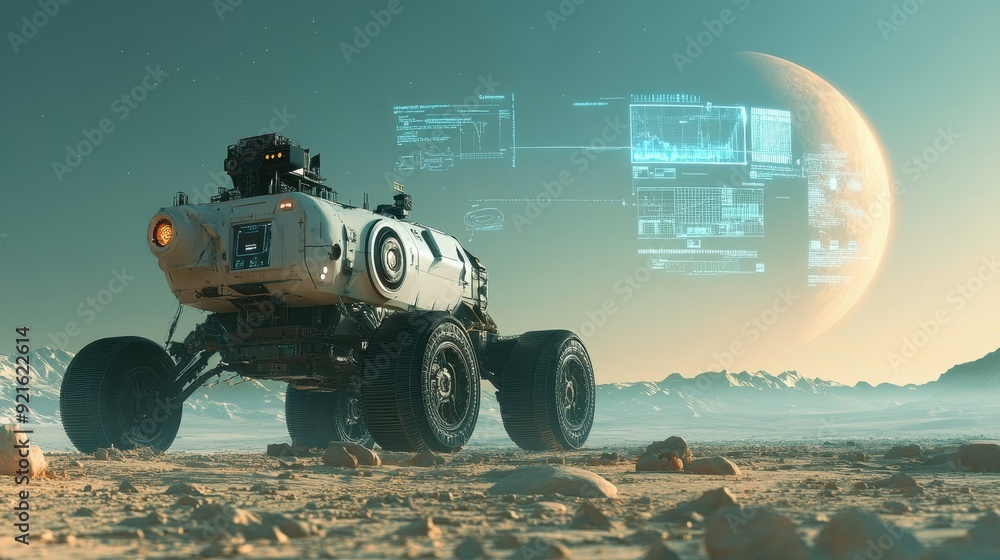 Poster exploration rover on a distant planet, with data streams and holographic displays, symbolizing the r