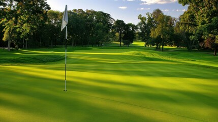 Obraz premium Golf course, green and a red flag on the center golf hole.