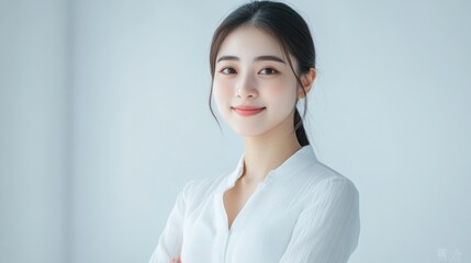 A beautiful Japanese woman in a white tank top smiles gently, highlighted by a simple white background, perfect for beauty and skincare concepts.