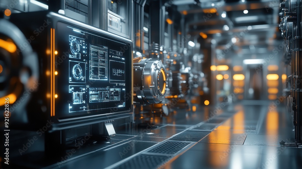 Poster predictive maintenance system in a high-tech industrial setting, symbolizing efficiency and reliabil
