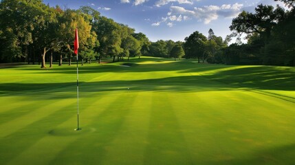 Obraz premium Golf course, green and a red flag on the center golf hole.