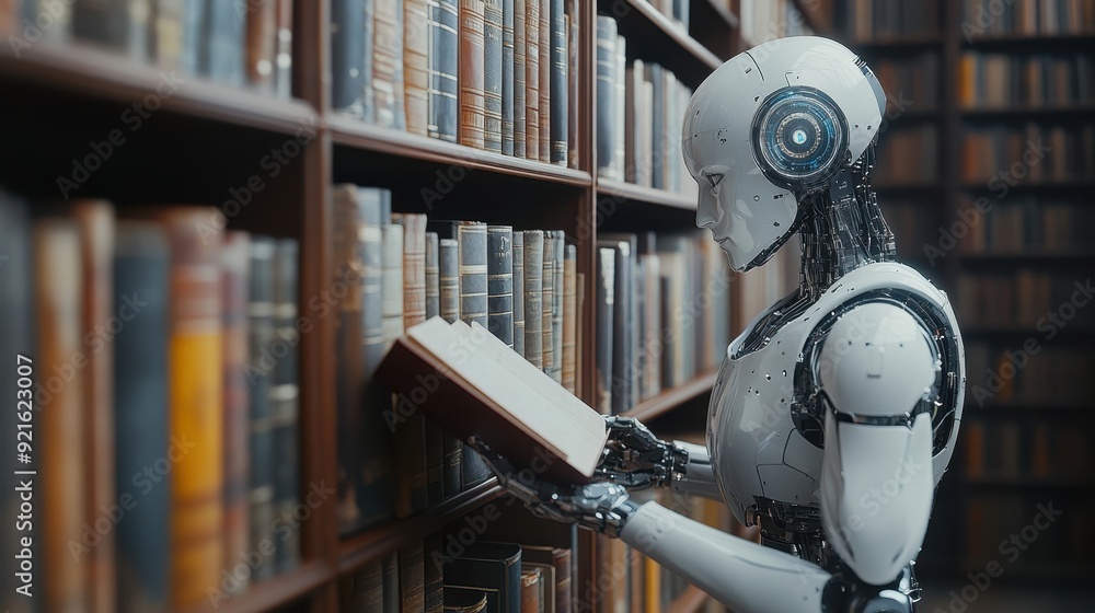 Poster ai-powered robot librarian organizing a vast digital library, symbolizing knowledge management throu