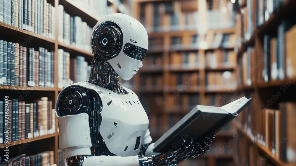 Poster ai-powered robot librarian organizing a vast digital library, symbolizing knowledge management throu