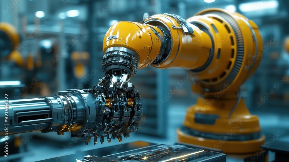 Poster robotic arm assembling a complex piece of machinery with precision, symbolizing the future of manufa