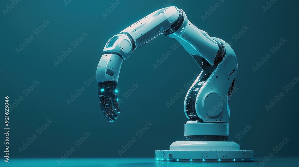Poster robotic arm assembling a complex piece of machinery with precision, symbolizing the future of manufa
