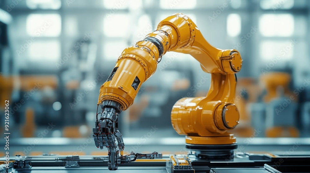 Poster robotic arm assembling a complex piece of machinery with precision, symbolizing the future of manufa