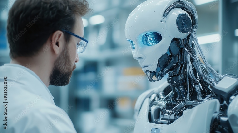 Poster robotic assistant helping a scientist in a high-tech lab, symbolizing the future of research and inn