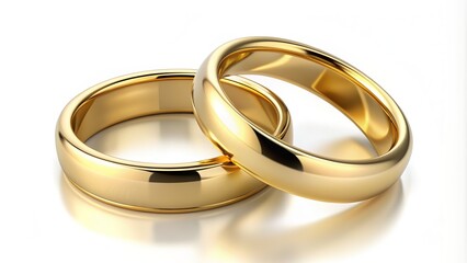 Two elegant gold wedding bands, symbolizing eternal love and commitment, rest side by side on a pristine white background, evoking feelings of romance and devotion.