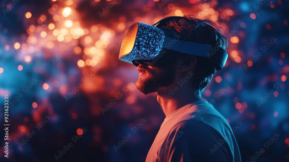 Poster virtual reality environment with interactive elements responding to user input, symbolizing immersiv