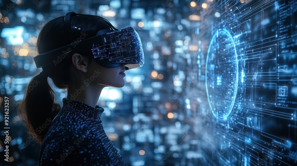 Poster virtual reality environment with interactive elements responding to user input, symbolizing immersiv