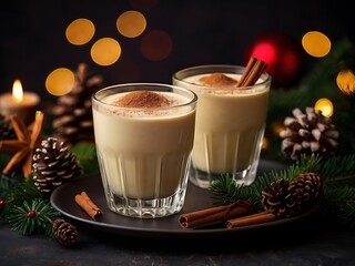 Fresh eggnog with cinnamon with christmas decorations on dark background