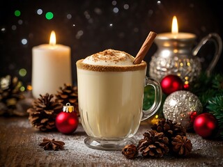 Fresh eggnog with cinnamon with christmas decorations on dark background