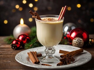 Fresh eggnog with cinnamon with christmas decorations on dark background