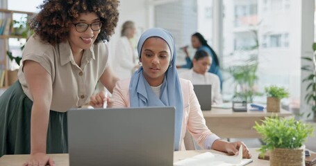 Business women, advice and teamwork on laptop for marketing strategy, notebook ideas and planning in startup office. Employees in diversity with computer for project support, goals and collaboration