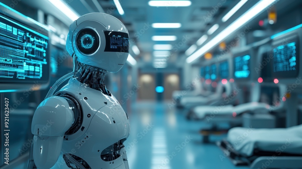 Poster hospital with robots and advanced diagnostic tools, symbolizing healthcare transformed by ai, with c