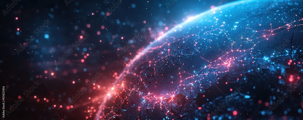 Poster communication network visualized as a web of light across a digital globe, symbolizing global connec