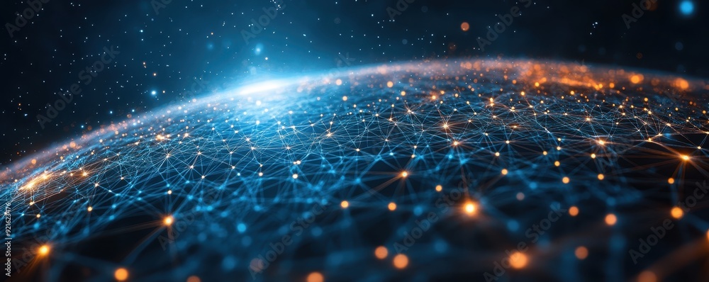 Poster communication network visualized as a web of light across a digital globe, symbolizing global connec