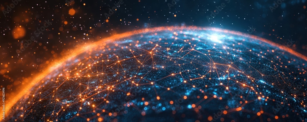 Poster communication network visualized as a web of light across a digital globe, symbolizing global connec