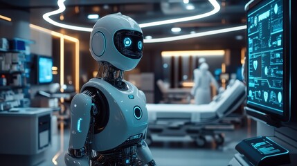 Hospital with robots and advanced diagnostic tools, symbolizing healthcare transformed by AI, with copy space for text, AI-powered 