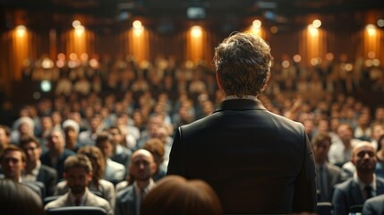A speaker addresses a large audience in a conference hall during an evening event
